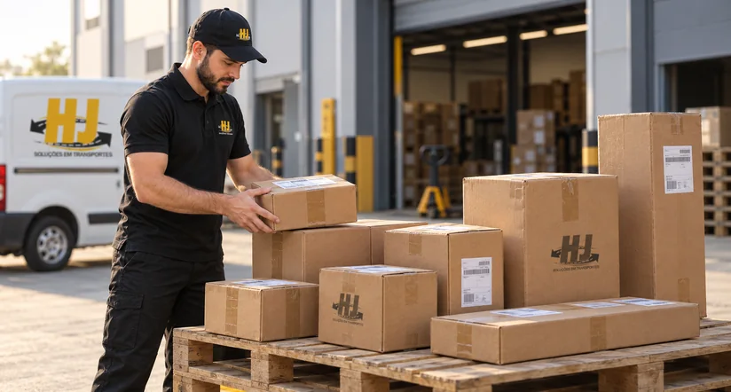 Profissional da HJ Entregas consolidando volumes de diferentes tamanhos para o transporte de carga fracionada