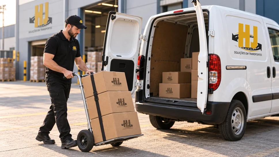 Profissional da HJ Entregas levando volumes em um carrinho para o carregamento do furgão