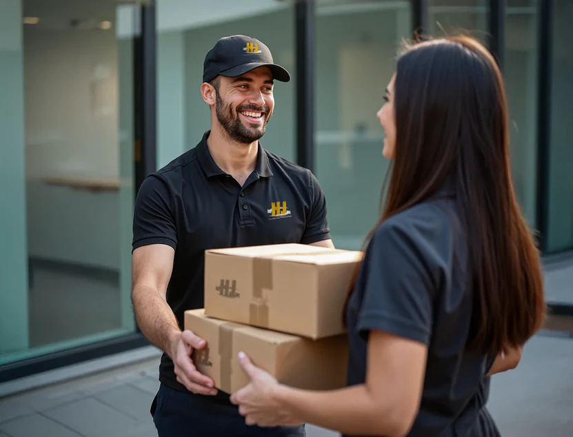 Profissional HJ realizando uma entrega a uma cliente