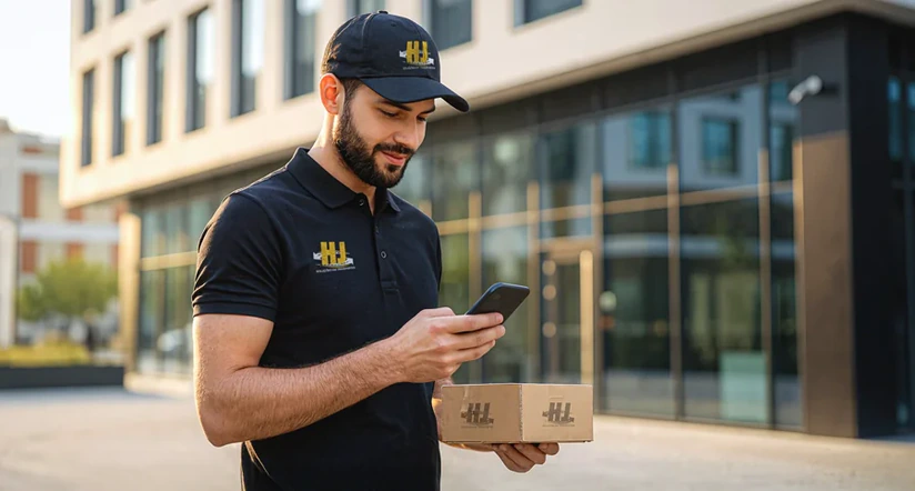 Profissional da HJ Entregas consultando o celular durante uma entrega dedicada
